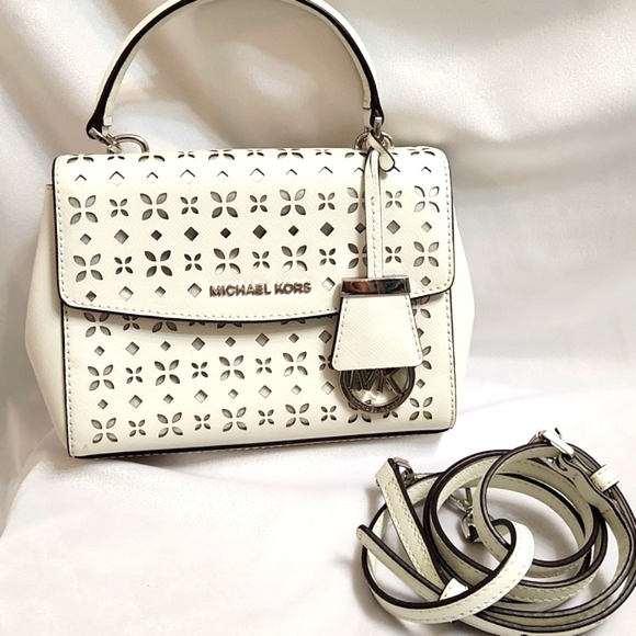 Michael Kors Ava XS Perforated Leather Cut Out White Crossbody
